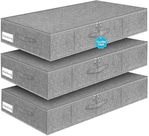 JUPELI 50L Unterbett-Aufbewahrungsboxen,17 cm Hoch, 3 Stück, Grau | Stabile Seiten und Boden, verstärkte Griffe und Sichtfenster, für Kleidung, Bettdecken und Bettwäsche