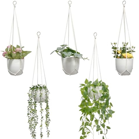 HanYun 5er Set Makramee Blumenampel, Blumenampel Halter Hängeampel Set Boho Deko Baumwollseil Hängeampel Blumentopf Pflanzen Halter Aufhänger für Innen Balkone Balkone