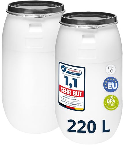 Garronda Set 2X 220 Liter Regentonne mit Deckel Weithalsfass aus HDPE Regenfass für Garten Fass 220l Regenwassertonne Futtertonne Wasserbehälter Universalfass Wasserfass Wassertank GD-0124 Weiß