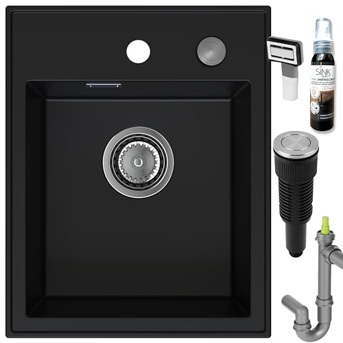 Granit Spülbecken klein 40x50 cm - Spüle ohne Abtropffläche - Granitspüle Schwarz mit Siphon PUSH und Imprägnierung - Kleines Spülbecken Küche für Unterschränke ab 40 cm Breite - SINK QUALITY