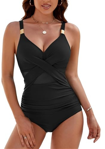 FemiChic Costume Intero Donna Elegante Curvy Piscina Costumi da Bagno Interi Mare Taglie Forti Modellante Push Up Scollo a V Imbottito Pancia Piatta Un Pezzo Vita Alta(Nero,XL)