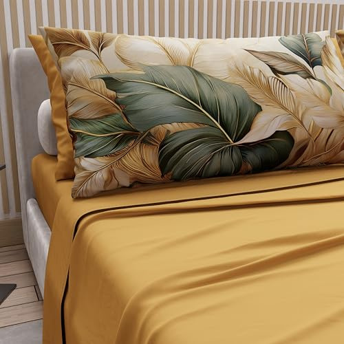 PETTI Artigiani Italiani - Lenzuola Matrimoniali Cotone con Federe in Stampa Digitale, Lenzuolo Completo Letto Matrimoniale Maxi Fantasia Floreale 165 Ocra, 100% Made in Italy