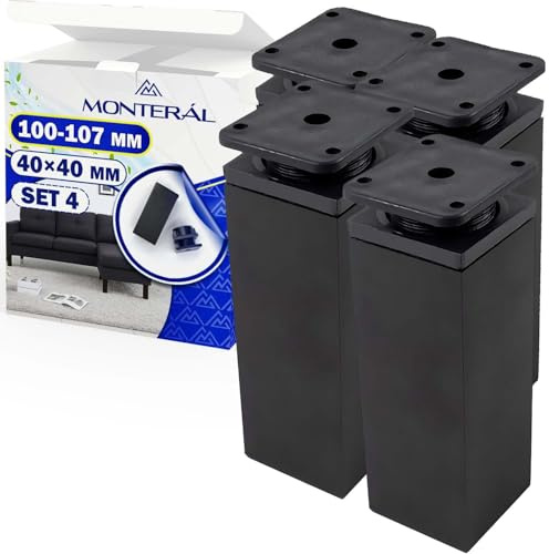4x Negro Patas Muebles Regulable 100mm Extienden Hasta 107mm Perfil 40x40mm | Ajustables Patas Mueble de Color Negro Fabricada en Aluminio - Garantía de 10 Años - MONTERAL