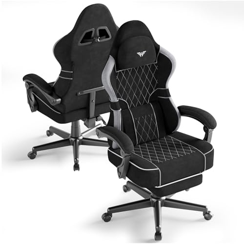 Ferghana Chaise Gaming Ergonomique, Fauteuil Game Cuir Respirant, Gaming Chair Réglable Appui-tête, Coussin Lombaire Massage, Repose-Pied, Chaise Bureau PC pour Jeu, Noir Gris, Velours Mat