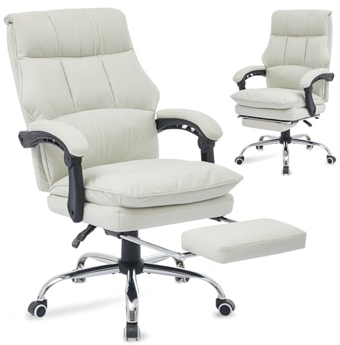 SEEDWAVE Ergonomischer Bürostuhl mit Fußstütze, PU-Leder Chefsessel mit 155° Verstellbare Rückenlehne, Schreibtischstuhl Tragfähigkeit von 150 kg (Weiß)
