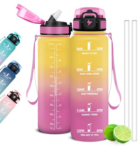 Mujigaga Gourde Motivation - 1L - Gourde Graduée pour 1 Journee, avec Paille, Bouteille d'Eau Heure, Étanche, Bouteille d'Eau pour Fitness, Sport, l'école, Randonnée, Voyage
