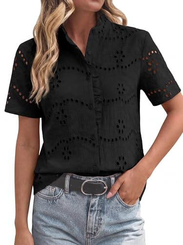 Funlingo Black Tops for Women Dressy Casual Short Sleeve Eyelet Embroidered Blouses Summer Button Down Hollow Out Lace Shirts Trendy Clothes L