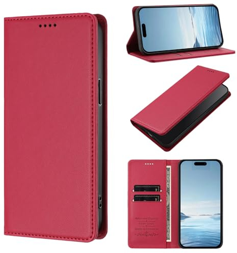 WOWUDI Funda para Motorola Moto E13 2023 4G,Bloqueo RFID Carcasa Protector con Ranuras para Tarjetas,ase Magnético Fuerte Ranura para Doble Tarjeta -Rojo