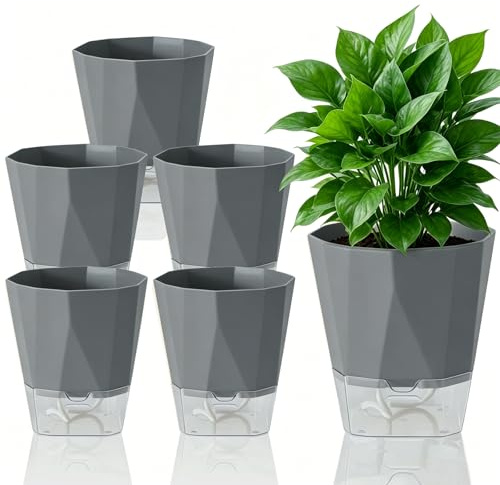Qnbonrich Lot de 6 pots auto-arrosants, pots de fleurs de 12,5 cm avec système d’auto-arrosage, réservoir d’eau transparent, convient pour le balcon et l’intérieur (Jason Grey)