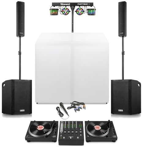 Vonyx Vinyl DJ Setup with DT6000 Direct Drive Turntables, 4 Channel DJ Mixer, Column Array PA System, Mobile DJ Booth and Party Light Bar for Events and Mobile Shows