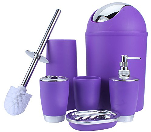 Badezimmer- und Toiletten-Set, 6tlg Badset Badezimmer ZUBEHÖR Set, mit Tasse Zahnbürstenhalter Suppenhalter Händedesinfektionsflasche Mülleimer Toilettenbürste (Lila)