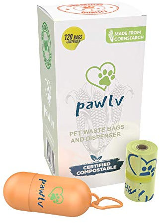 Pawlv Zertifiziert kompostierbare Kotbeutel für Haustiere (120 Beutel, Orangenspender)