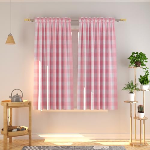 NATUS WEAVER Buffalo Check Curtains 54 inches Long Cotton Basement Pink and White Gingham Plaid Kitchen Window Curtain Panels Living Room Checker Drapes Bedroom Rod Pocket Window Treatment 2 Panels