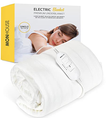 MONHOUSE Premium Soft Fleece Electric Blanket - Heated Under Blanket - Heated Mattress Cover - Detachable Controller & Machine Washable - 3 Heat Settings - Single 65x135cm - White