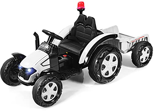 COSTWAY 12 V elektrisk traktor för barn med avtagbar släpvagn och 2,4 G fjärrkontroll, sitttraktor 3–8 km/h med varning, horn, musik, mugghållare, lämplig för barn från 3 år (vit)
