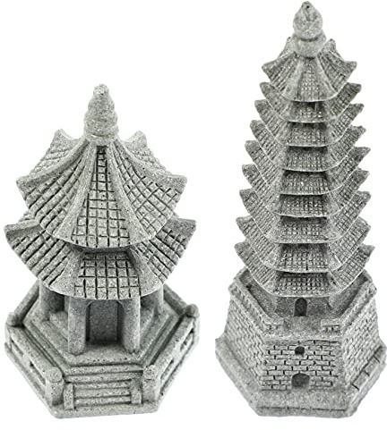 Yardwe 2pcs Miniature Tower Figurines Fairy Garden Tower Statue Mini Pagoda Zen Garden Ornaments Feng Shui Decoration for Micro Landscape Bonsai Craft Grey, 10.4x3.2cm