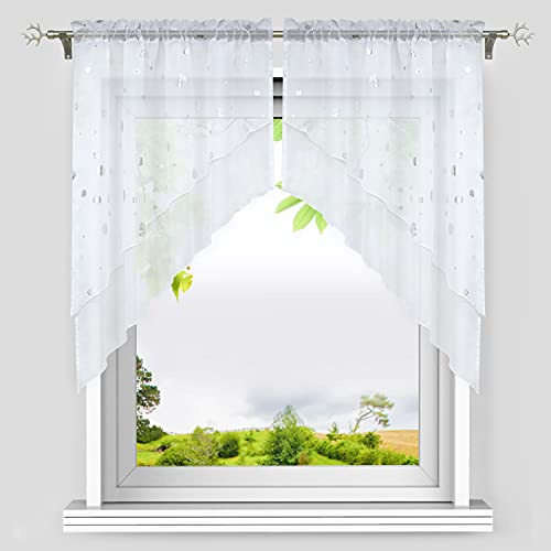 HeichkelL Voile Scheibengardine 2 TLG. Kleinfenster Vorhang Tunnelzug Bistrogardinen Kreis-Motive Doppelschichtige Küchengardinen Panneaux Kurzstores Weiß BxH 120x145 cm