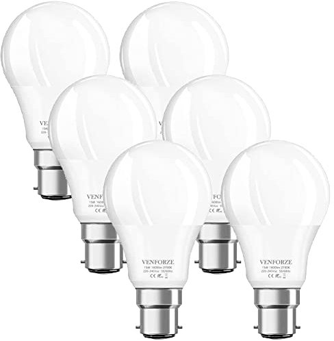 Venforze Lampadine a baionetta da 150 W, 15 W, A60 B22,1600 lm, 2700 K, GLS satinate BC a risparmio energetico, non dimmerabili, confezione da 6