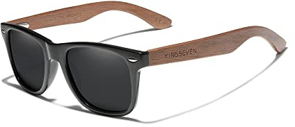 KINGSEVEN Trä solglasögon polariserade för män kvinnor retro vintage speglade linser valnöt träram W5777, W5777-svart, Large