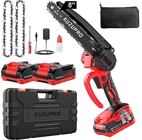 KUZUPRO Akku Kettensäge 8 Zoll, Mini Kettensäge mit Akku Bürstenloser Motor mit 2 Akkus 2.0Ah, 2 Ketten, 10m/s Kette Geschwindigkeit Elektro Kettensäge für Baumzweige, Hof, Haushalt und Garten
