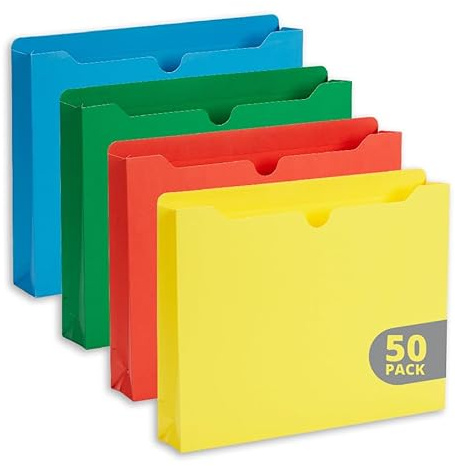 Blue Summit Supplies 2 Inch Expanding File Jacket Folders, 50 Pack, Colored Expandable File Folders, Reinforced Straight Cut Tab, Heavy Duty Expansion Pocket Files, Letter Size, Assorted Color
