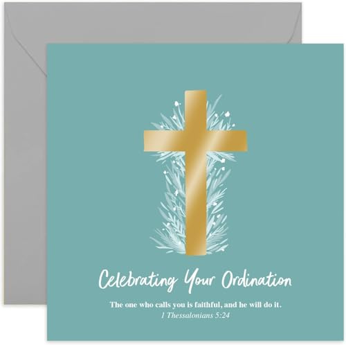 Old English Co. Stylish Ordination Card - Green Foliage Gold Cross Card for Priest, Pastor or Deacon - Catholic Priest 50th Anniversary of Ordination Cards | Blank Inside with Envelope