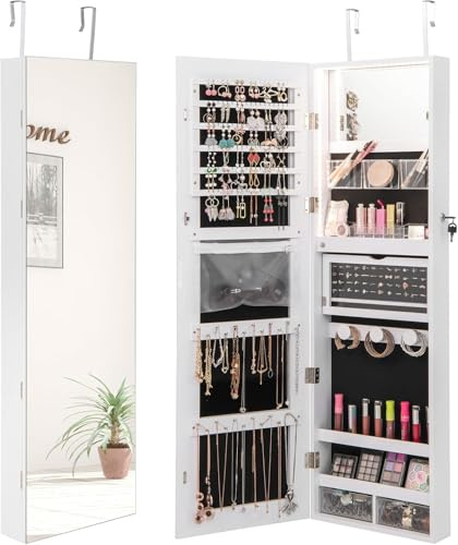 RELAX4LIFE Schmuckschrank mit 2 Spiegel, Spiegelschrank mit 3-farbigen LED-Lichtern & Schloss, Schmuckorganizer für Ohrringe & Armband & Kette & Ringe & Kosmetik, Wand-/Türmontage (Weiß)