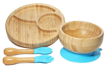 XUCHIL Kinderschüssel Baby Fütterung Schüssel Baby Abendessen Platte Holz Kinder Fütterung Geschirr Mit Silikon Saugnapf Holz Gabel Löffel Kinder der Gerichte Kinder Teller (Color : N)