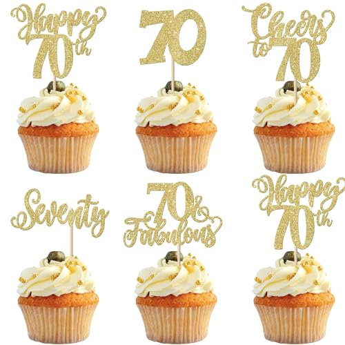 SYKYCTCY 30 Pack 70th Birthday Cupcake Toppers Glitter Seventy Fabulous 70 Cheers to 70 Cupcake Picks Happy 70th Birthday Cupcake Decorations for Birthday Anniversary Party Supplies Gold