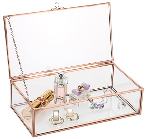 TOLIDA Große Vintage-Schmuckbox aus Glas, mit Deckel, Roségold | Rechteckiger Aufbewahrungsbehälter, Tisch-Glas-Display-Box für Schmuck, Ringe, Armbänder, Halsketten
