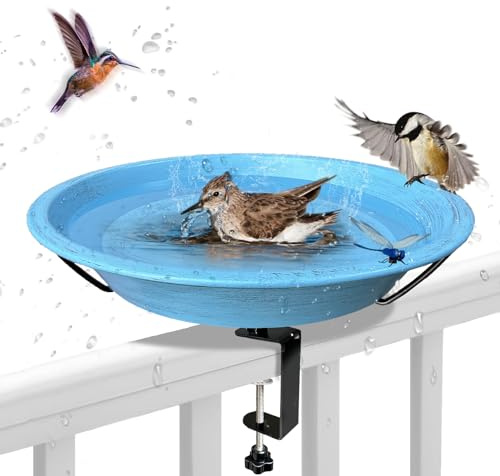 WANGIRO Bird Bath Deck Mounted Bowl 12 Inch Metal Bird Baths with Adjustable Sturdy Metal Clamp for Deck Railing Balcony Bird Feeder for Garden Yard and Lawn Decoration-Blue
