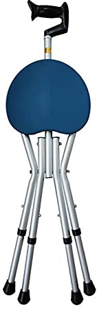 Klappbarer Gehstock mit Sitz, vierbeinig, blau, höhenverstellbarer Aluminium-Sitzstock, tragbarer Reise-Wanderstockstuhl, Hocker, Pflegehilfe für ältere Menschen Vision