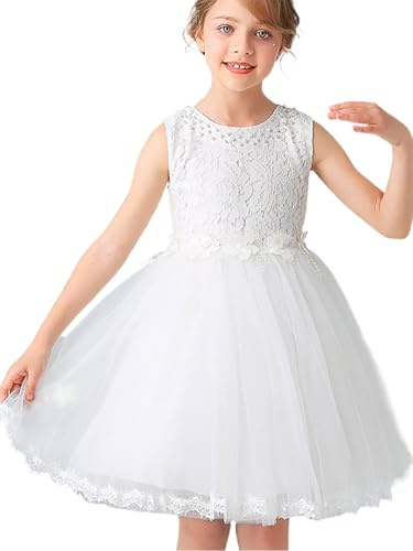 IYOU Première Communion Robe Blanc Dentelle Tutu Robe Princesse Mariage Jupes pour Filles