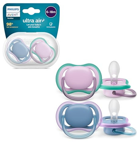 Philips AVENT ultra air Schnuller – Leichte, atmungsaktive Schnuller für Babys im Alter von 6–18 Monaten, BPA-frei mit Transportbehälter als Sterilisator, 2er-Pack, Modell SCF085/34