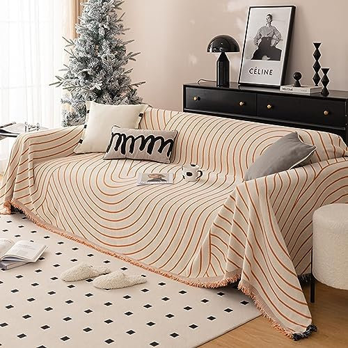 Bishilin Couchbezug Nordisch 180x380CM, Sofa Überzug 4 Sitzer Ecksofa Orange Gestreift mit Quasten Sofaüberwurf rutschfest Sofabezug Universal