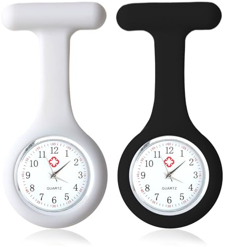 Qkhcable Fob Watch, Nurses Silicone Fob Watch Brooch, Infection Control Design, Pocket Clock with Pin for Health Care Nurses Doctors Paramedic Staff Brooch Digital (White+Black)