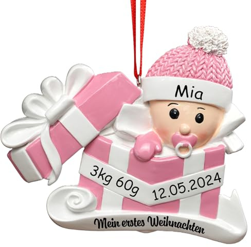 DPDP Personalisierte Weihnachtskugel Baby, Mein erstes Weihnachtsbaby, Babys Erste Weihnachten, Weihnachtskugeln Personalisiert mit Name des Babys, Geburtsdatum, Gewicht, Größe