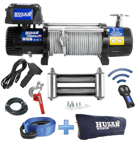 Husar winch Elektrische Seilwinde 10000 lbs (4530 kg) 12V mit 28 m x 9,2 mm Stahlseil, Funkfernbedienung, 3-stufigem Planetengetriebe, Offroad-Seilwinde für 4x4, SUV, Geländewagen und Fahrzeugbergung