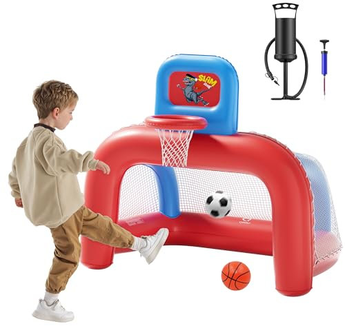 QPAU 2-in-1 Inflatable Toddler Basketball Hoop & Soccer Goal Set, Indoor Outdoor Sports Center Toys for Kids, Baby Toddlers Birthday Gift for 1 2 3 4 5 Year Old Boys Girls