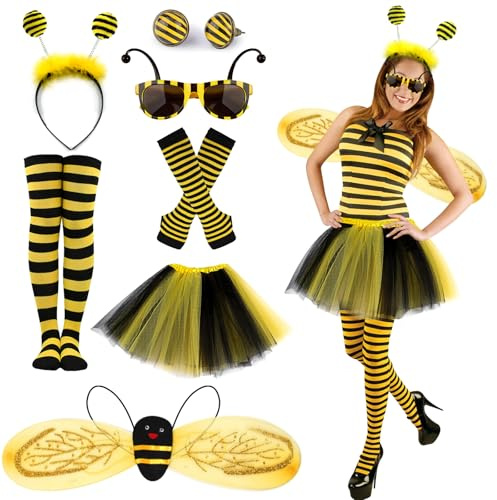 BITOWO Lot de 7 costumes d'abeilles, pour adulte, femmes, ailes, tutu, jupe, serre-tête, boucles d'oreilles, chaussettes, gants, lunettes, abeilles, costume pour femme - Accessoires de carnaval