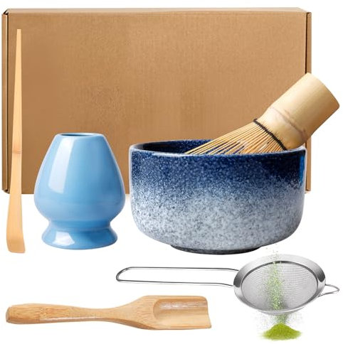 Matcha Kiln Blue - Juego de té japonés (6 piezas: batidor, cuenco, batidor en polvo, cuchara, soporte para escoba