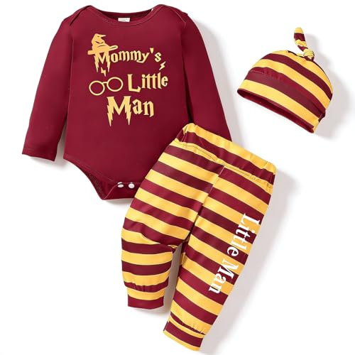 Asmea Babykläder Bebisset Nyfödd Personliga Baby Bodysuit + Randiga Byxor + Mössa Kläder Harry Baby Present Baby Nyfödd Pojke Kläder 0-18 Månader, Röd långärmad 3 st, 6-9 månader