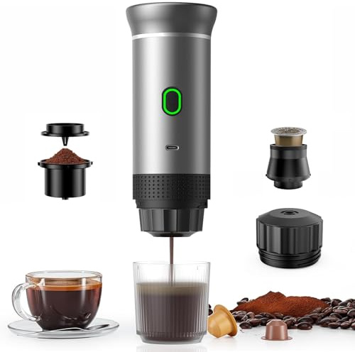 Macchina per caffè espresso portatile da viaggio, macchina da caffè elettrica per auto, 12 V, autoscaldante con USB C, per auto e casa, macchina da caffè 3 in 1 (argento)