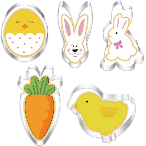 NOPKESV 5 Pièces Emporte-Pièces de Pâques en Acier Inoxydable Motifs: Lapin, Oeuf, Poussin, Tête de Lapin