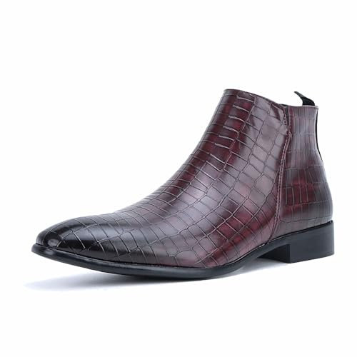 Mens Black Brown Ankle Boots - Classic PU Slip on Dress Boots with Cut-Out Design - Comfort Low Heel Ankle Boots,Burgundy,9 UK
