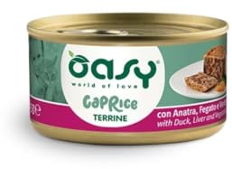 Oasy Umido Gatto,oasy terrine per gatti adulti di tutte le taglie gusto Anatra, Fegato e Verdure | 12 scatolette da 85 grammi l’una.