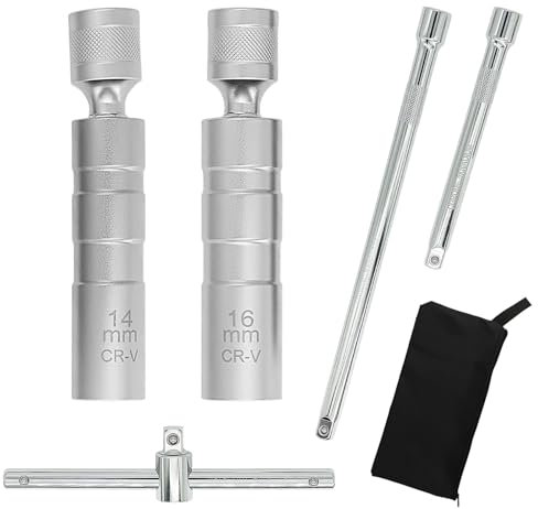 Prozwee 1 Set 12-Point Universal Joint Magnetic Spark Plug Socket Set, 14mm & 16mm, 3/8 Drive Socket Extension Bars (250mm & 150mm), T-Handle Spark Plug Spanner