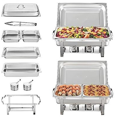 8QT Confezione da 2 Chafing Dish Buffet Set Chafer in acciaio con 2 padelle intere e 4 mezze dimensioni Scaldavivande rettangolare con coperchio Per principianti fai da te