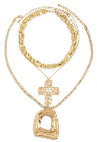Layered Gold Chunky Cross Necklace For Women Stacked Gold Irregular Geometric Square Pendant Necklace Unique Punk Hip-Hop Oval Hollowed-Out Chain Necklace Fashion Accessories Creative Jewelry For Women (AA)