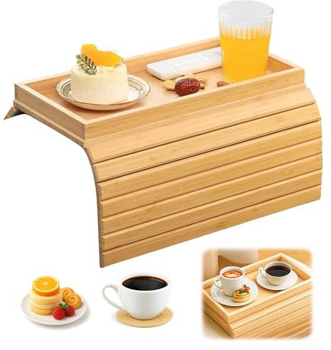 Wooden Sofa Arm Tray Table: TVOOD Foldable Sofa Armrest Tray Anti-Slip Armchair Table Couch Cup Holder for Remote Control Drink Snacks Cups Fit Elderly & Mother